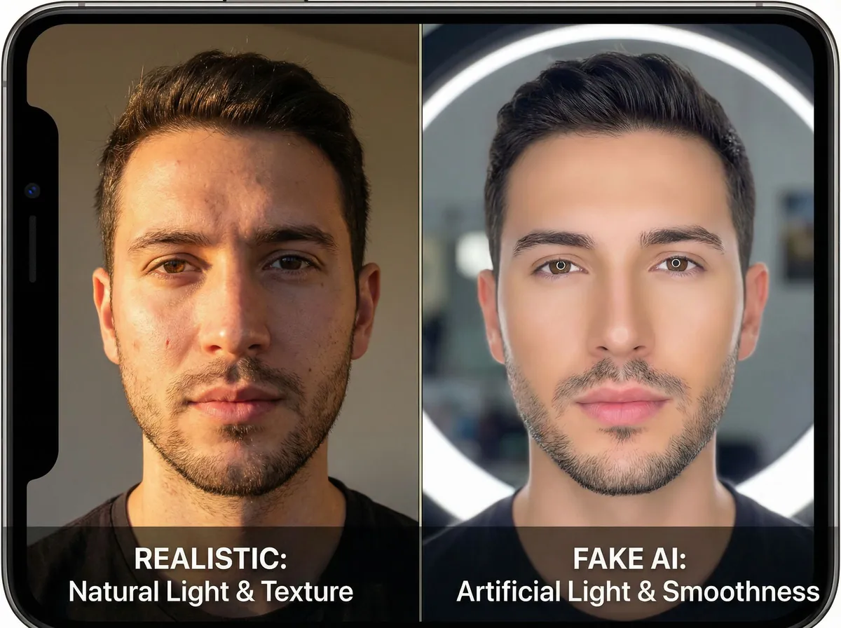 Side-by-side comparison showing realistic AI photo versus obvious fake with lighting issues