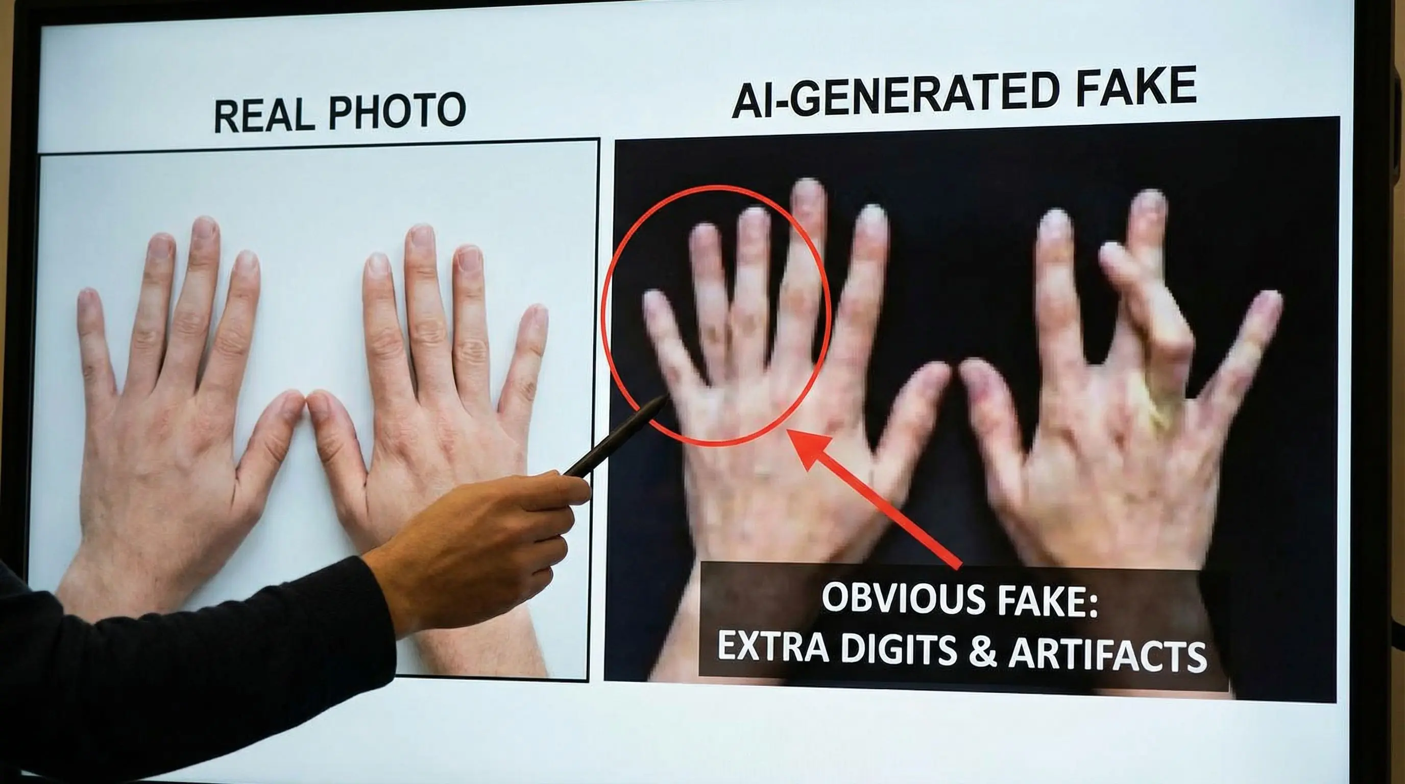 Example of AI photo with distorted hands and extra fingers showing common fake signs