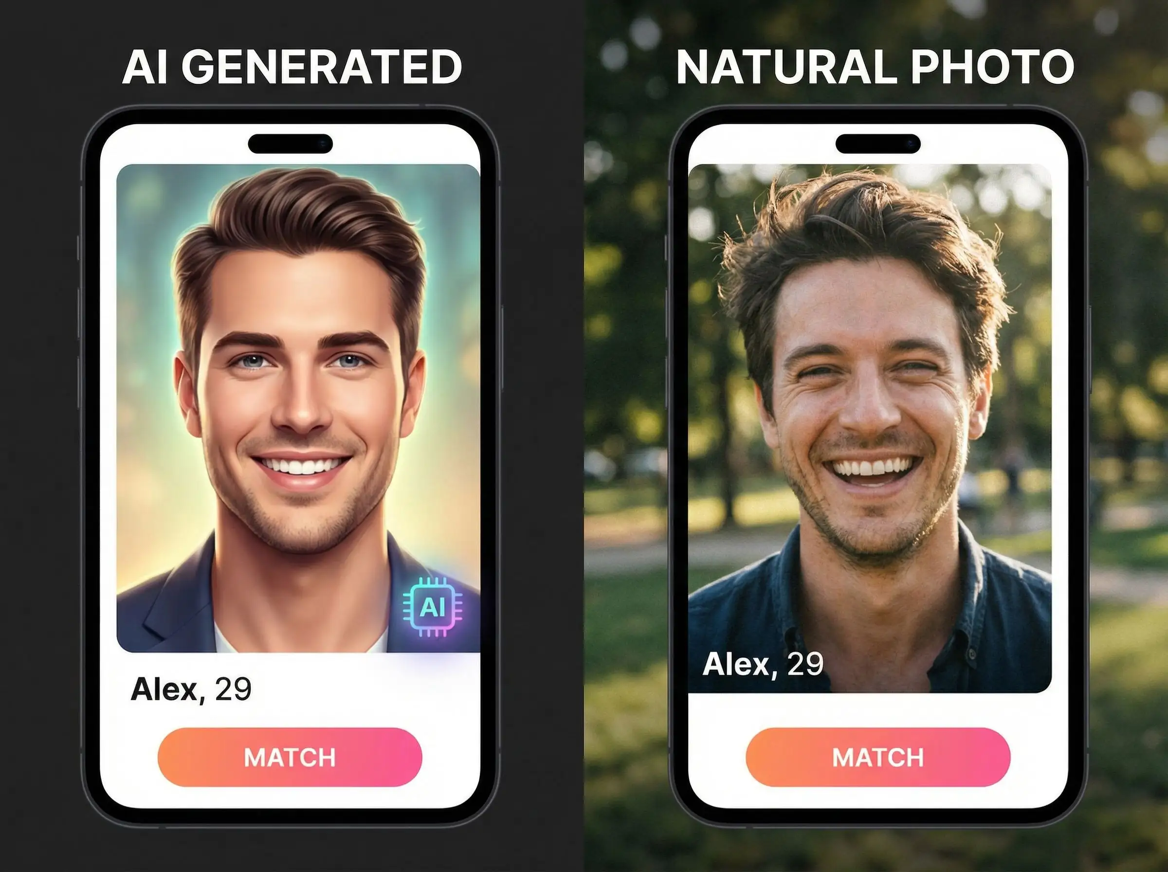 Comparison showing unrealistic airbrushed AI photo versus natural realistic dating photo with authentic skin texture