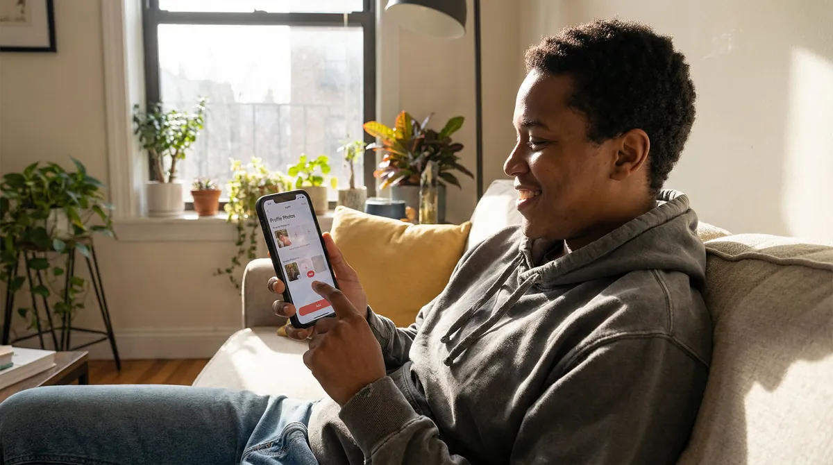 User confidently uploading safe AI-generated dating photos to mobile dating app following best practices