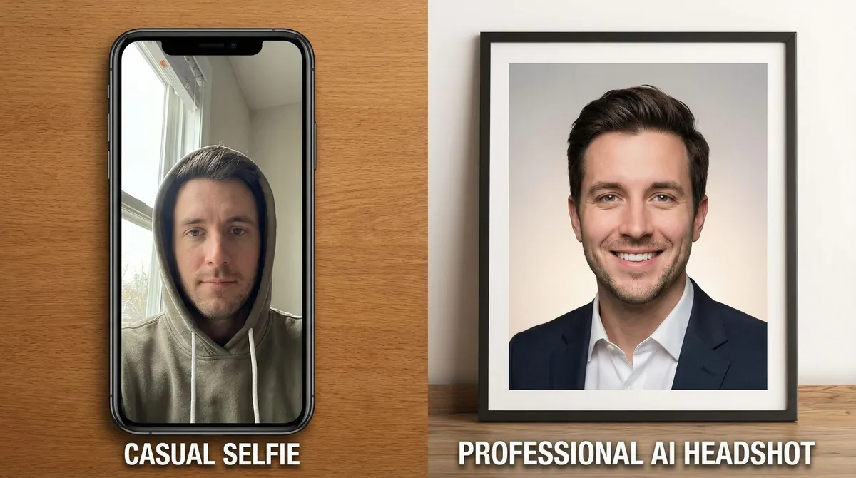 Before and after comparison showing transformation from casual selfie to professional AI-optimized dating photo