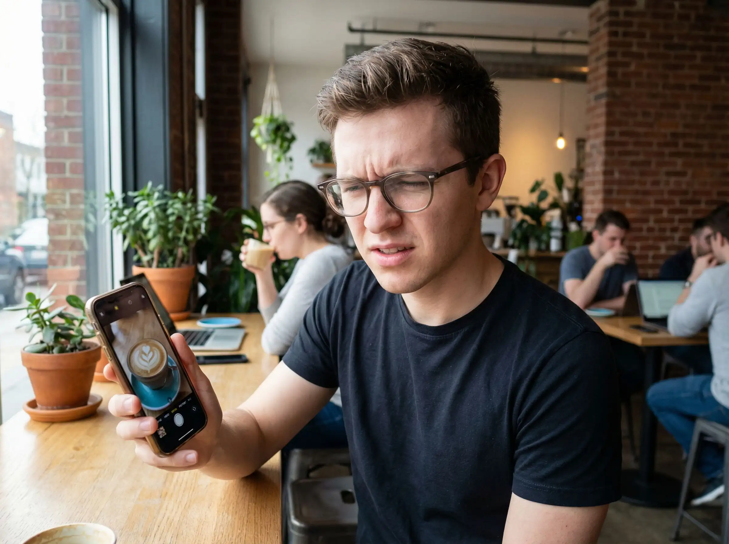 Man reviewing AI dating photos on smartphone to verify Realness Score before uploading to dating apps