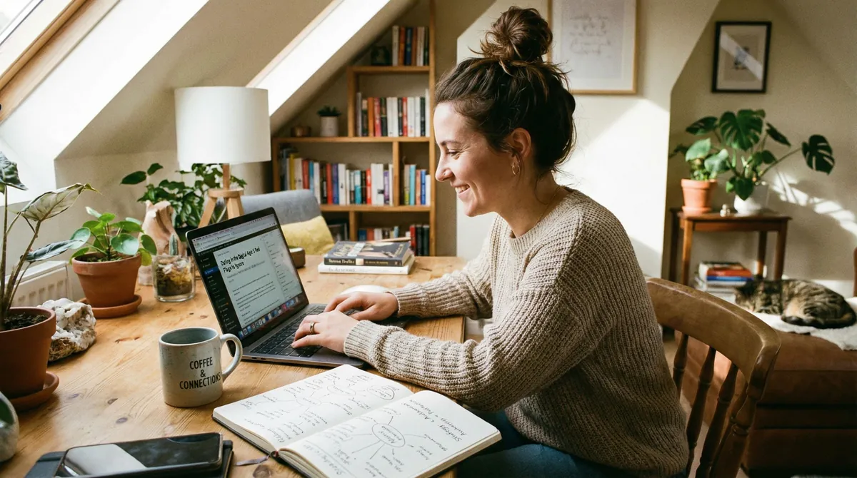 Affiliate content creator writing educational blog post about dating profile optimization for promotion