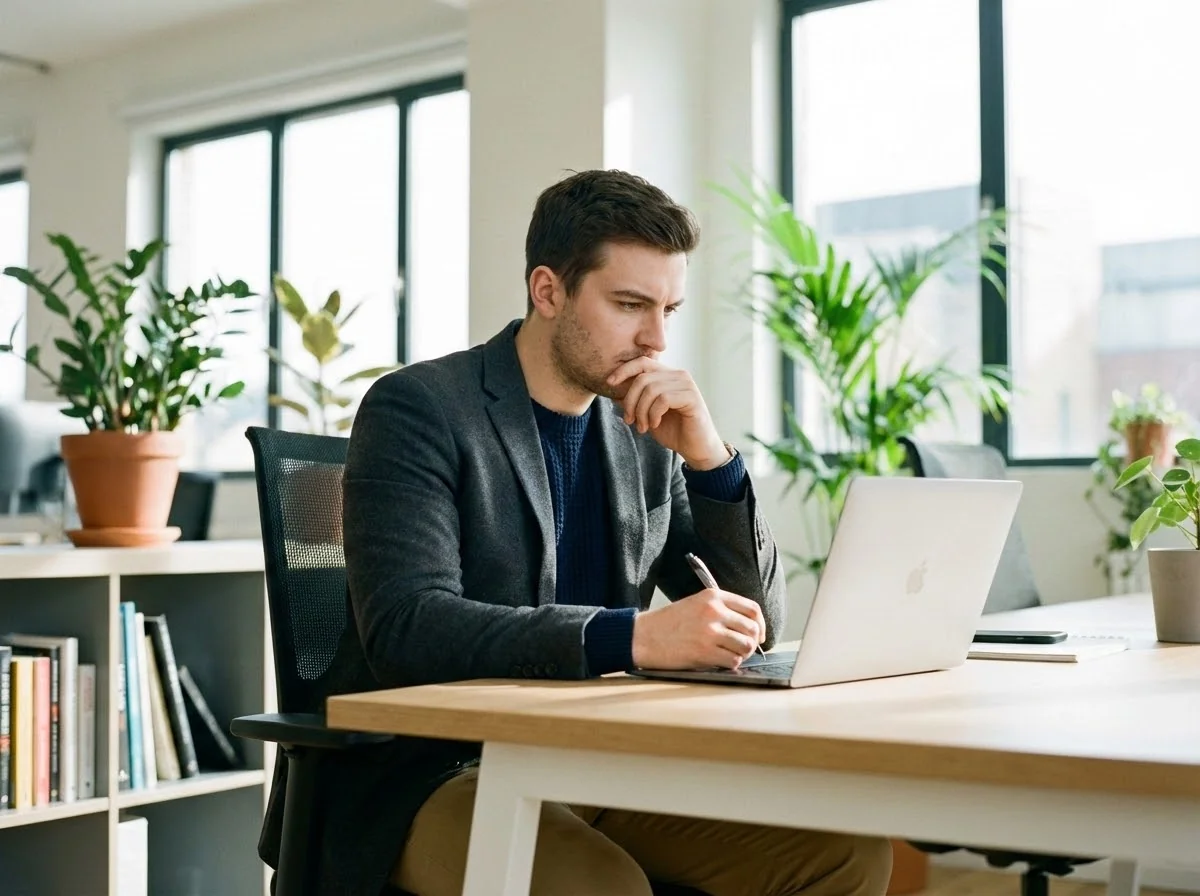 Professional man crafting authentic dating bio that matches his AI-generated photos