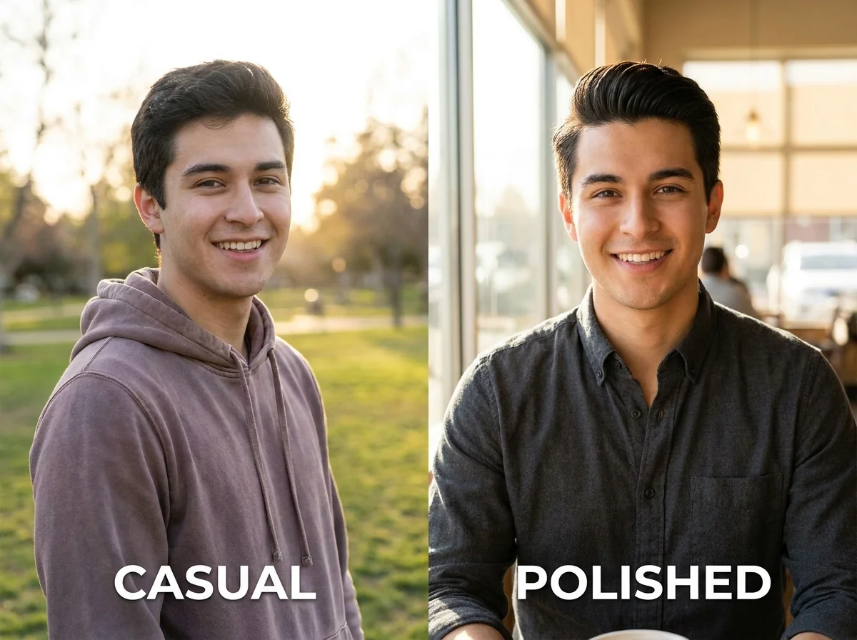 Before and after comparison of casual selfie versus AI-optimized dating photo for a man, showing realistic natural improvement