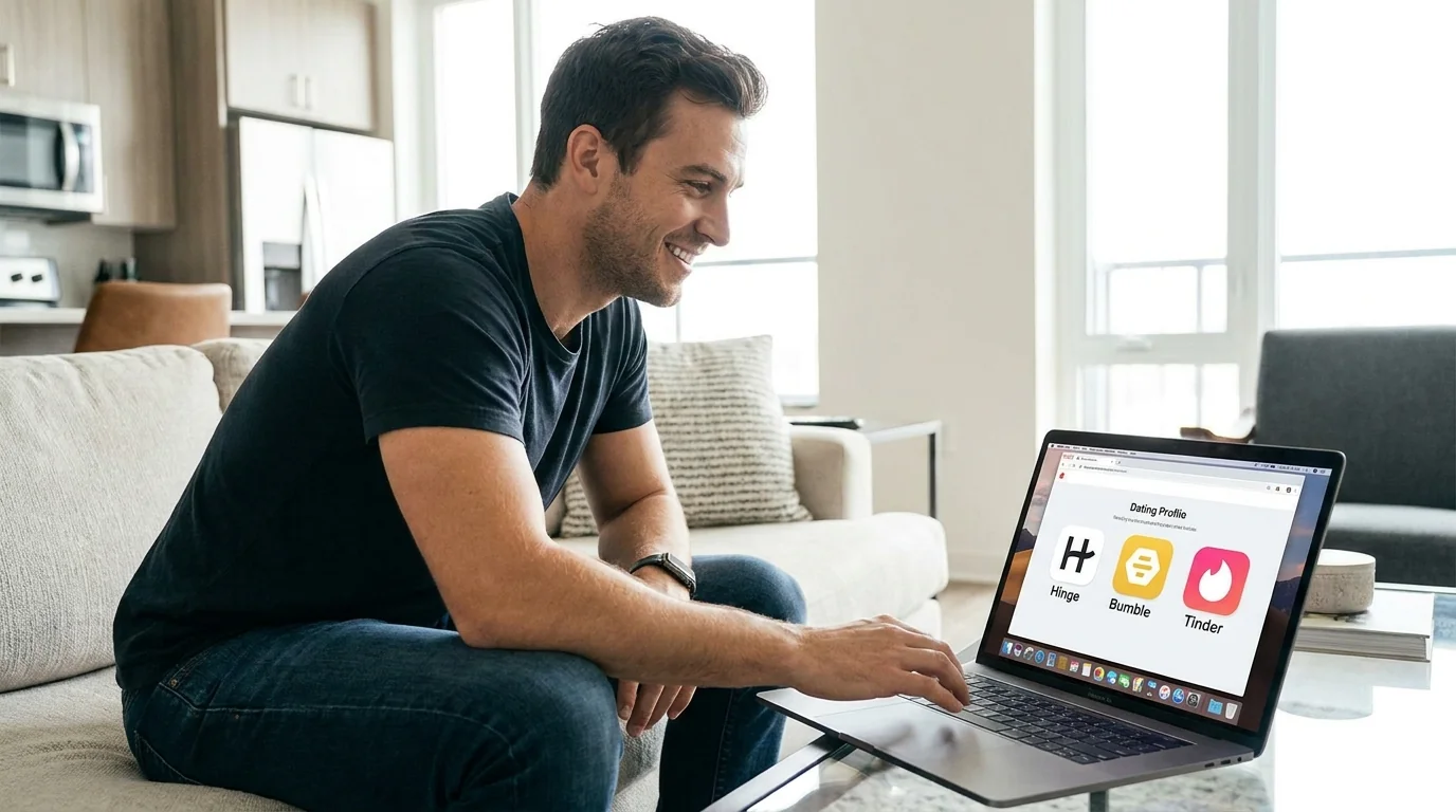 Man setting up AI photo profile across Tinder Bumble and Hinge on laptop, following 2026 platform guidelines