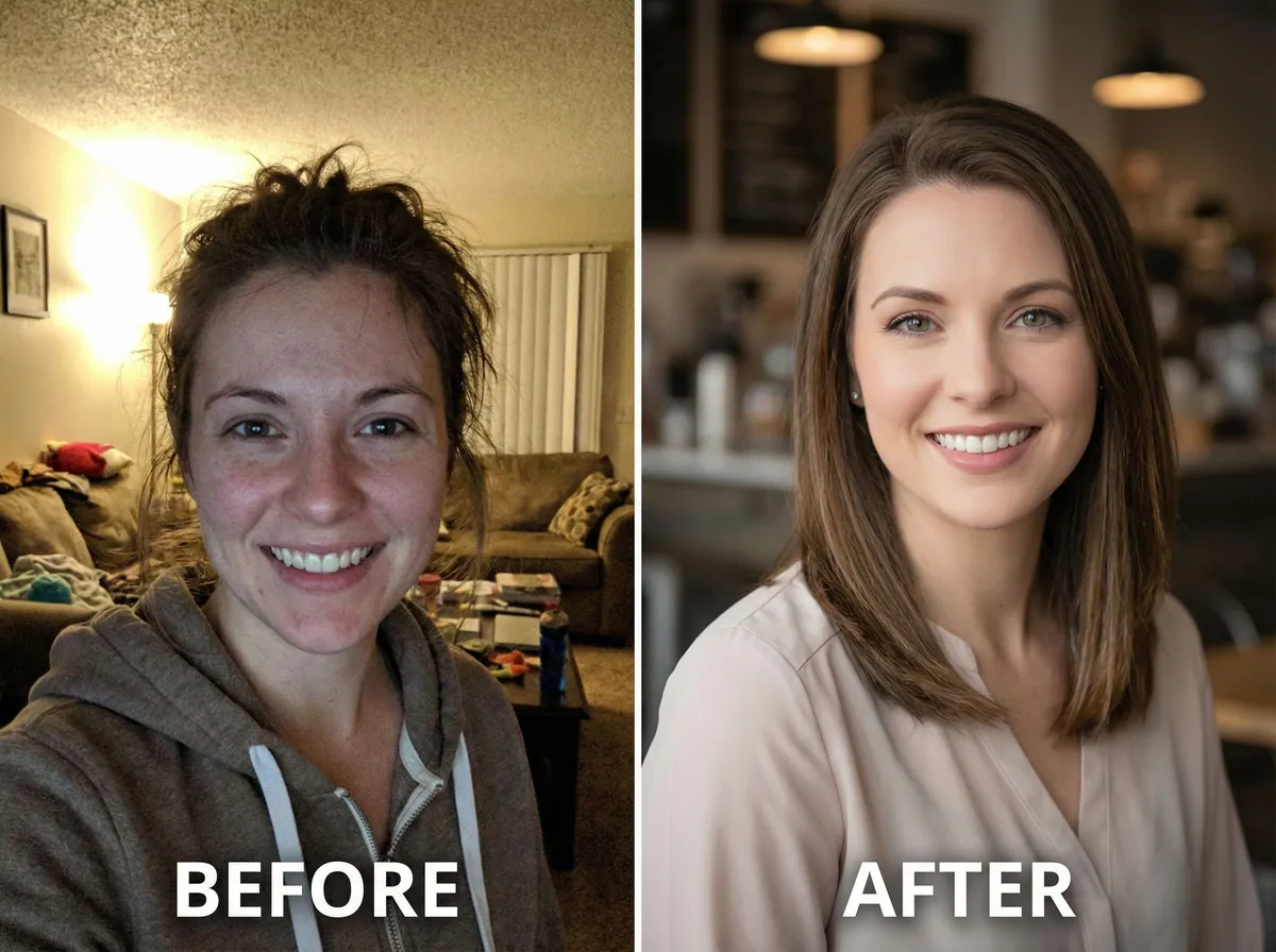Transformation from casual home selfie to professional AI-generated dating photo showing natural authentic expression