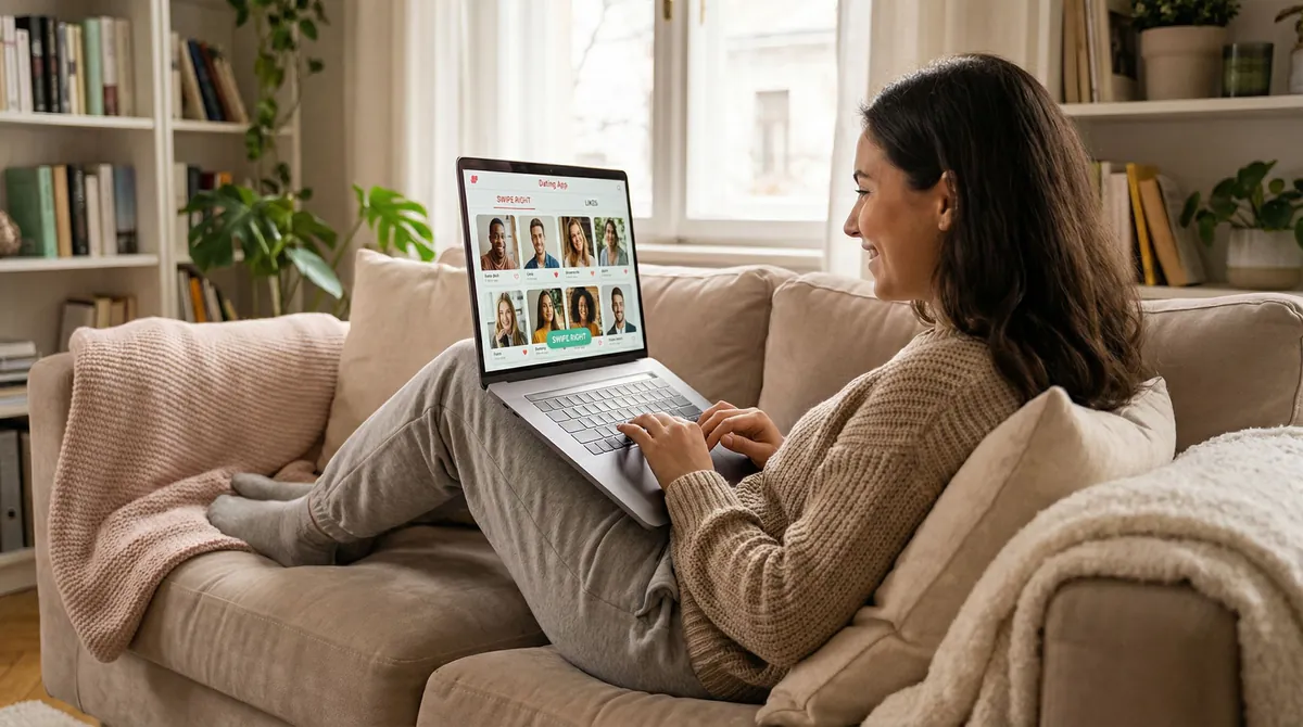 Introvert privately reviewing AI-generated dating photos at home with multiple photo options on screen