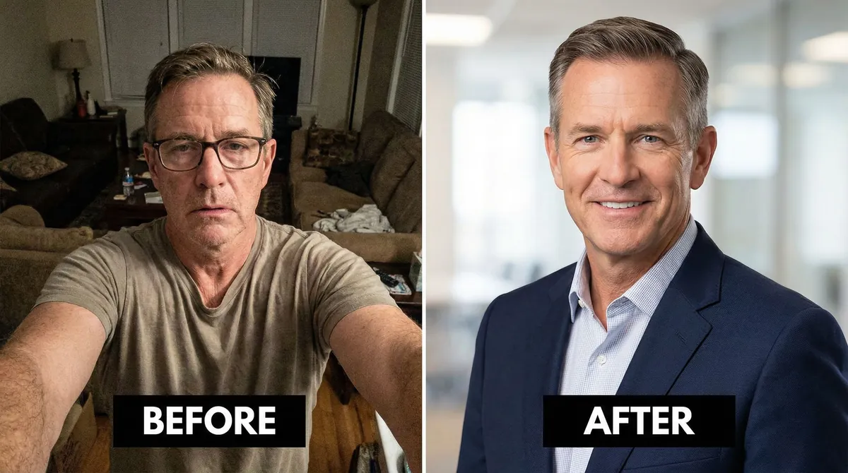 Before and after comparison showing transformation from casual selfie to professional AI dating photo for men over 40