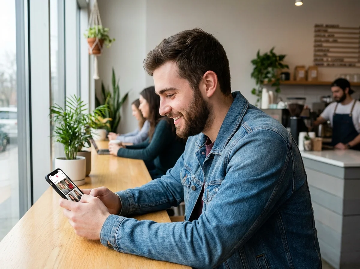 Young man reviewing his AI dating profile photos on a smartphone in a coffee shop to check authenticity before uploading