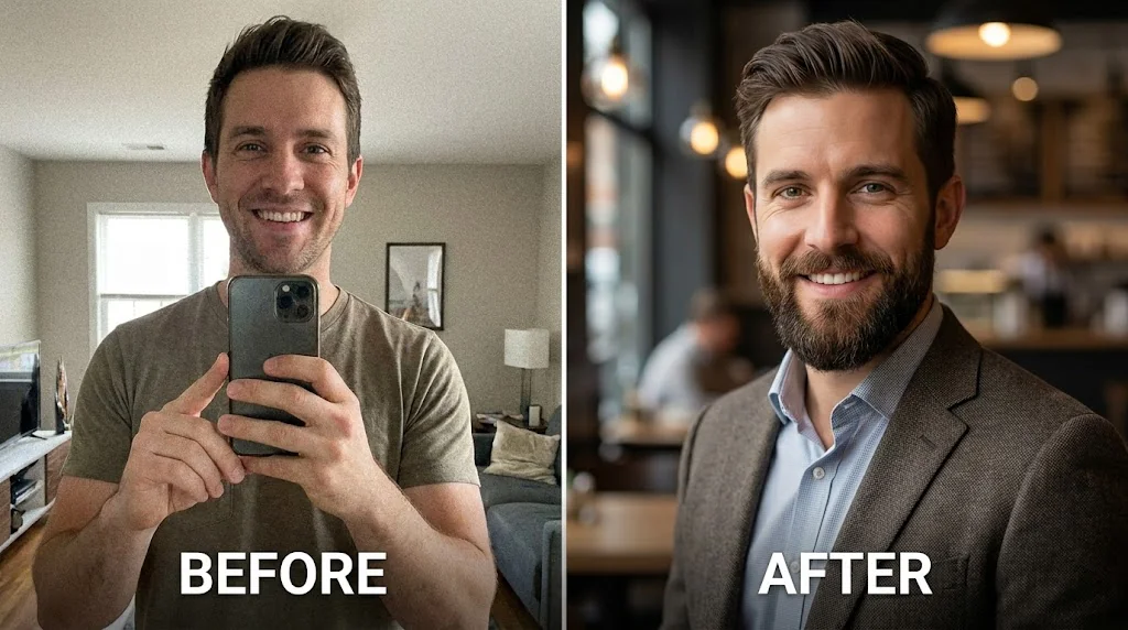 Before and after comparison showing a casual selfie versus an AI-optimized dating profile photo of the same man