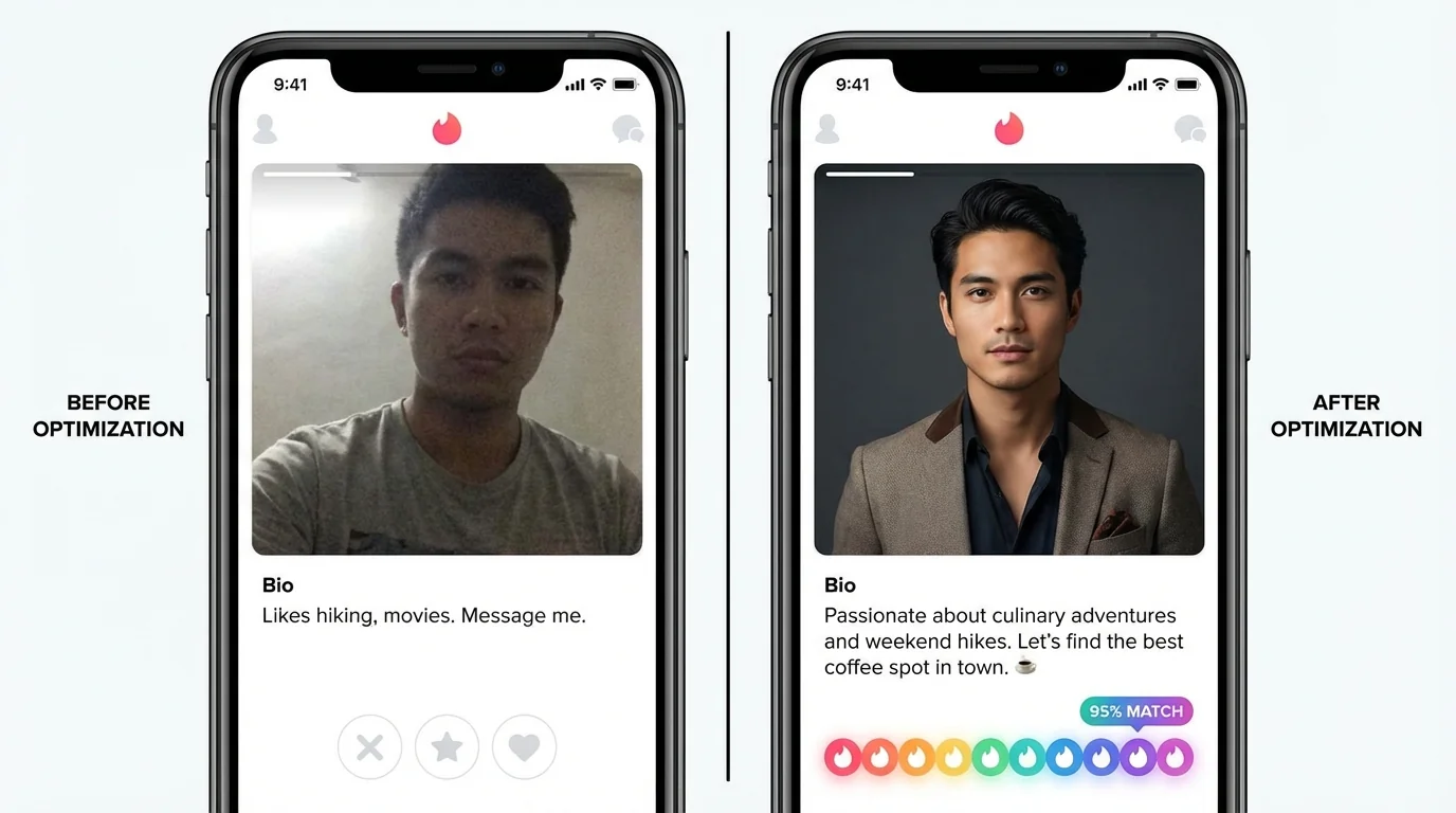 Before and after dating profile optimization comparing basic versus professionally optimized photo-bio combinations with match rate improvement