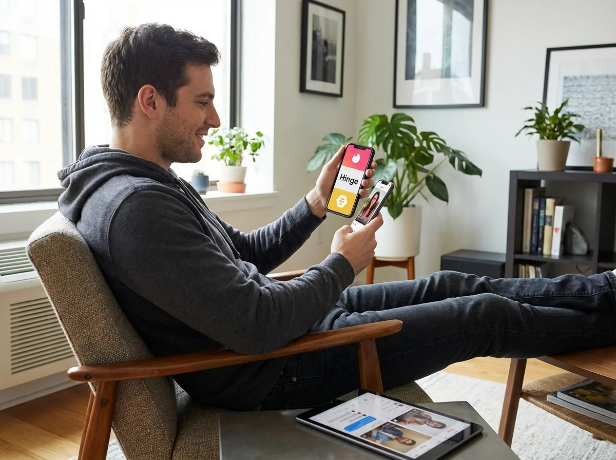 Dating app user comparing profile optimization strategies across Tinder, Hinge, and Bumble platforms on multiple devices