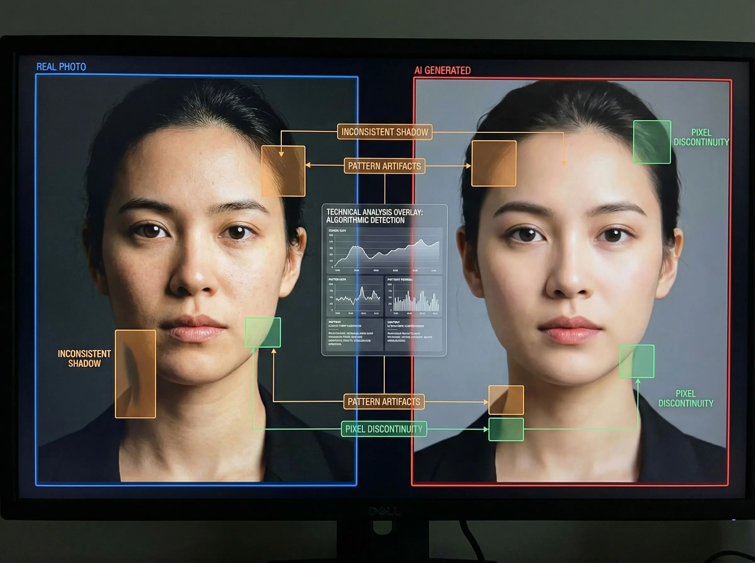Visual comparison showing how dating apps detect differences between real and AI-generated photos