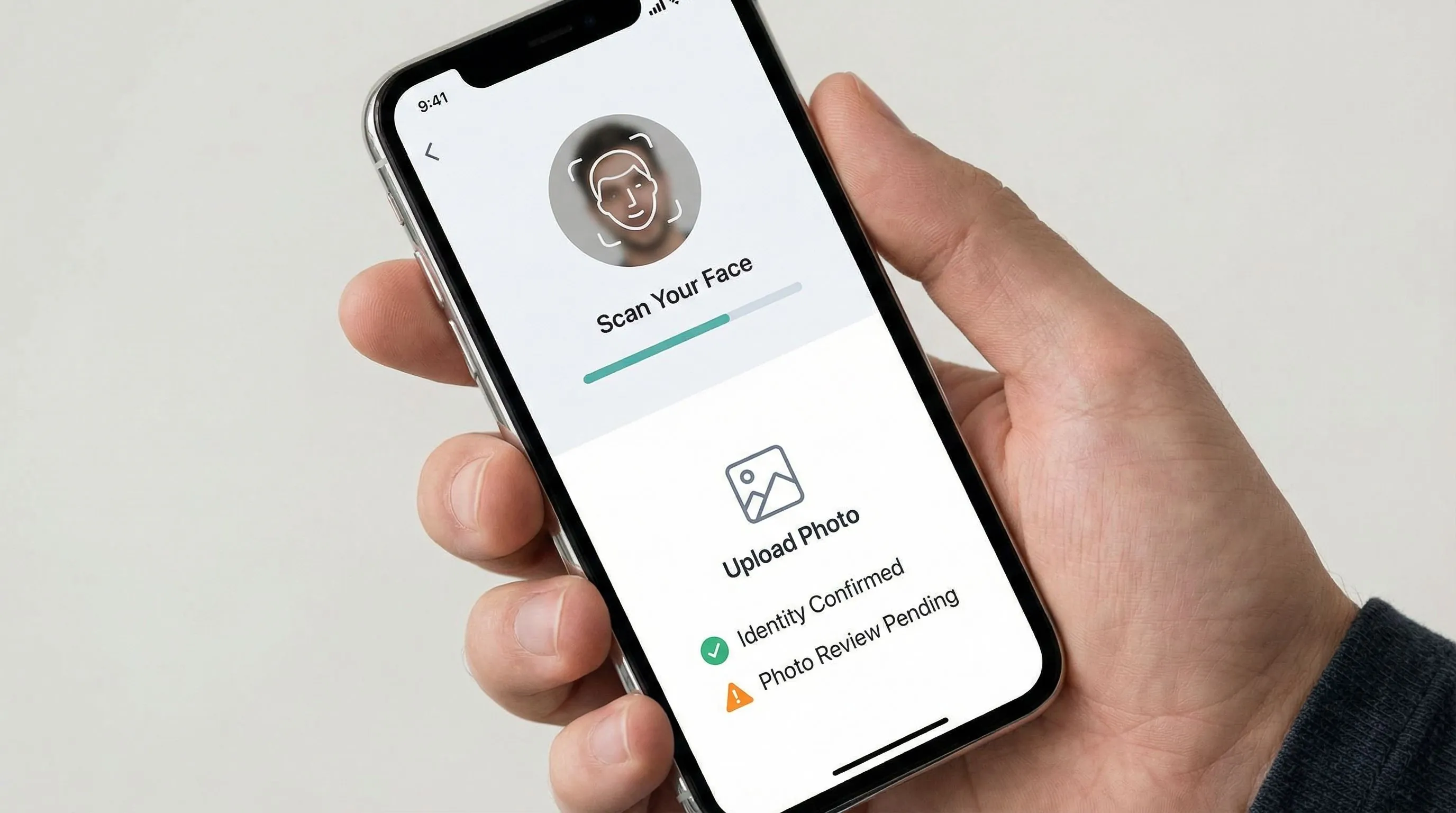 Dating app photo verification interface showing upload scanning and approval process
