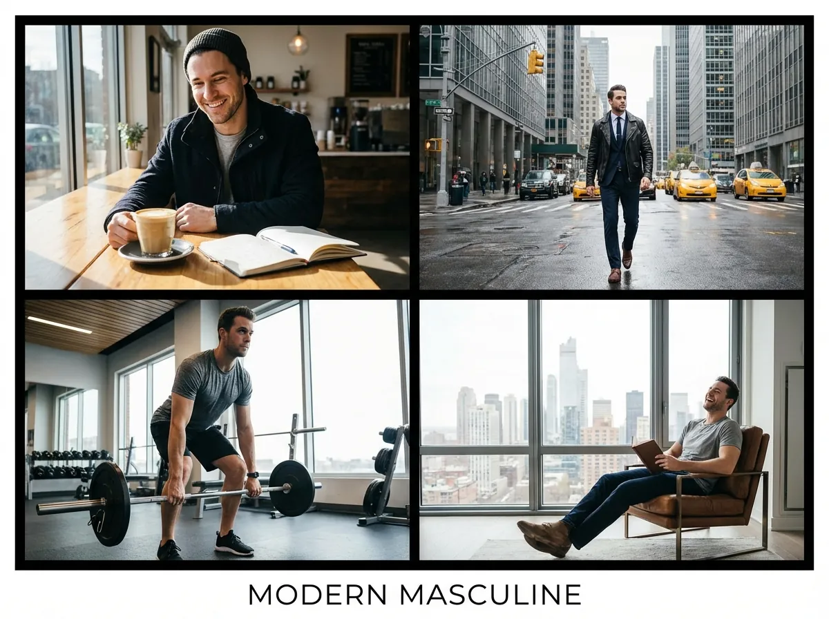 Four lifestyle photo styles for men's dating profiles showing hero shot, lifestyle, activity and social contexts