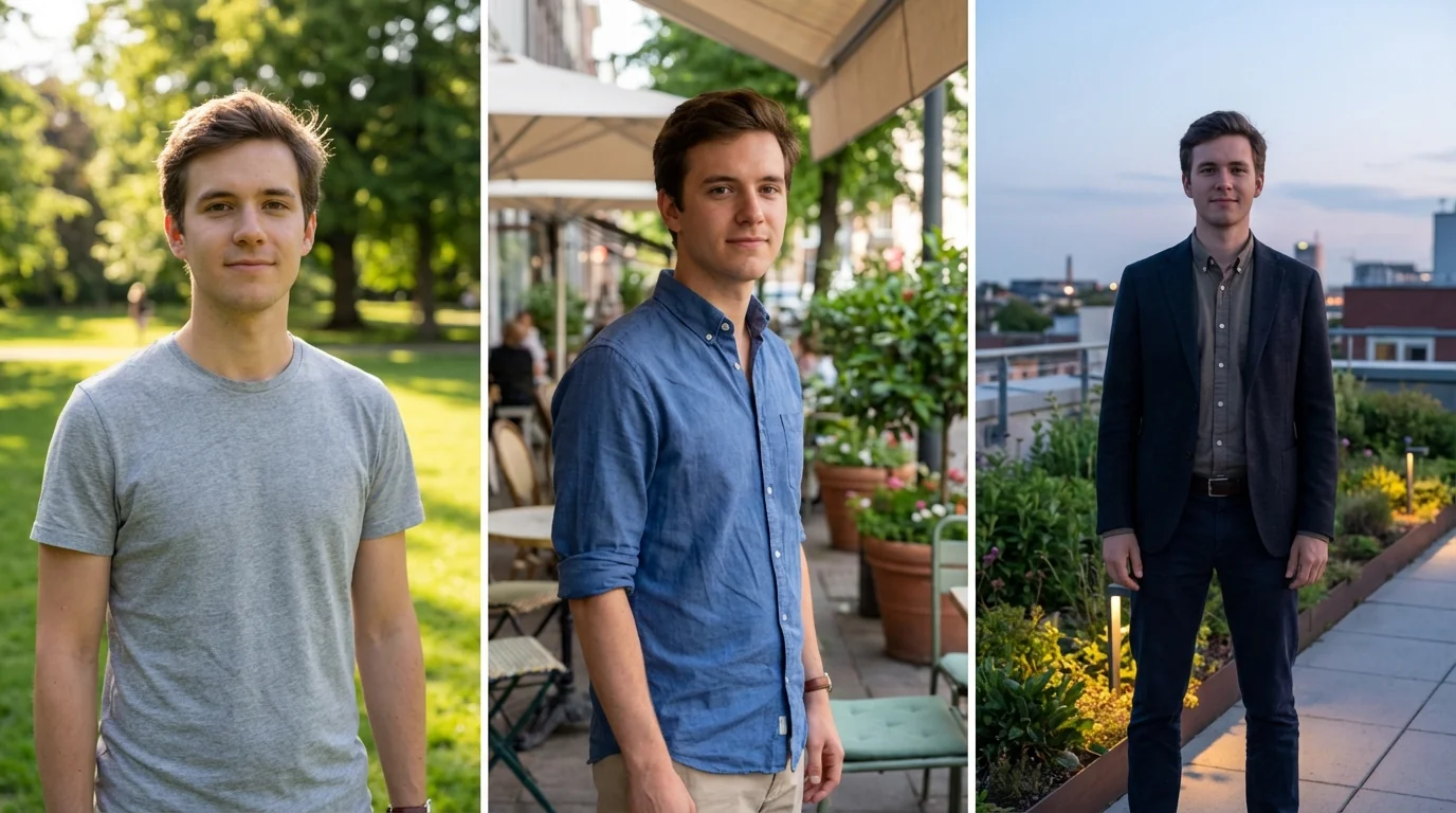 Dating profile photo variety showing outfit diversity from casual to smart casual across different backgrounds