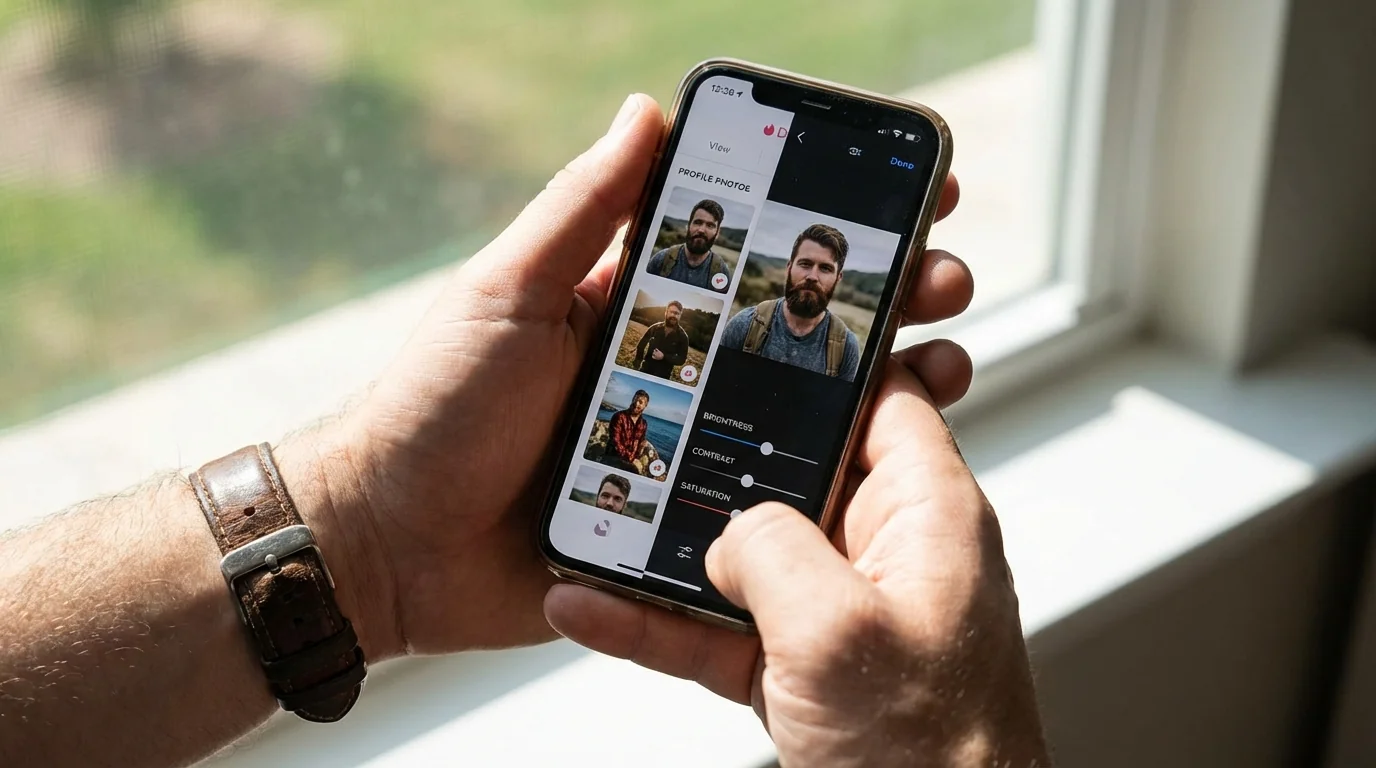 Mobile dating photo editing workflow showing natural enhancement techniques on smartphone