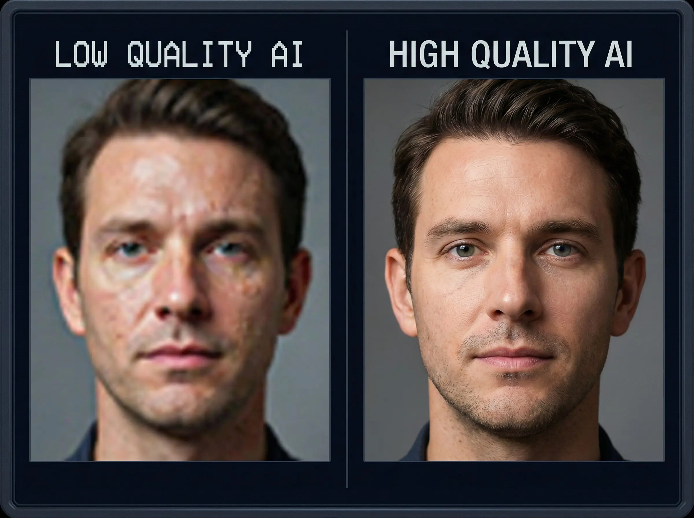 Quality comparison showing difference between budget and premium AI dating photos of the same person