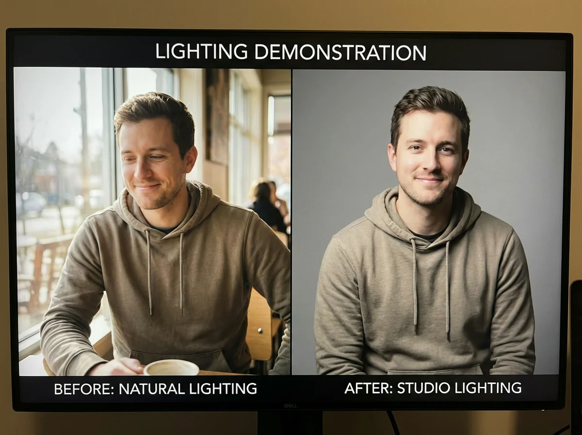 Comparison showing natural lighting versus studio lighting settings for AI dating photos