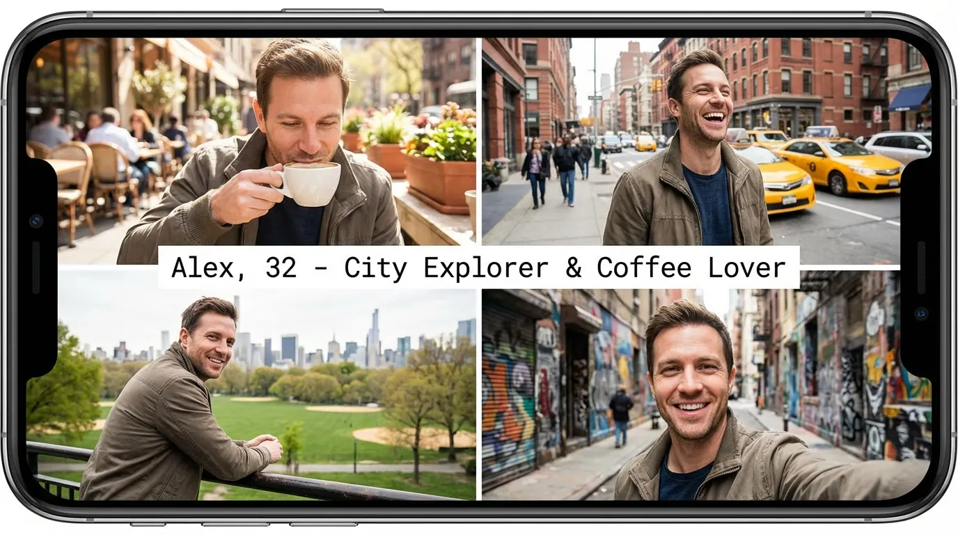 Multiple AI-generated photos with diverse backgrounds showing variety in dating profile settings