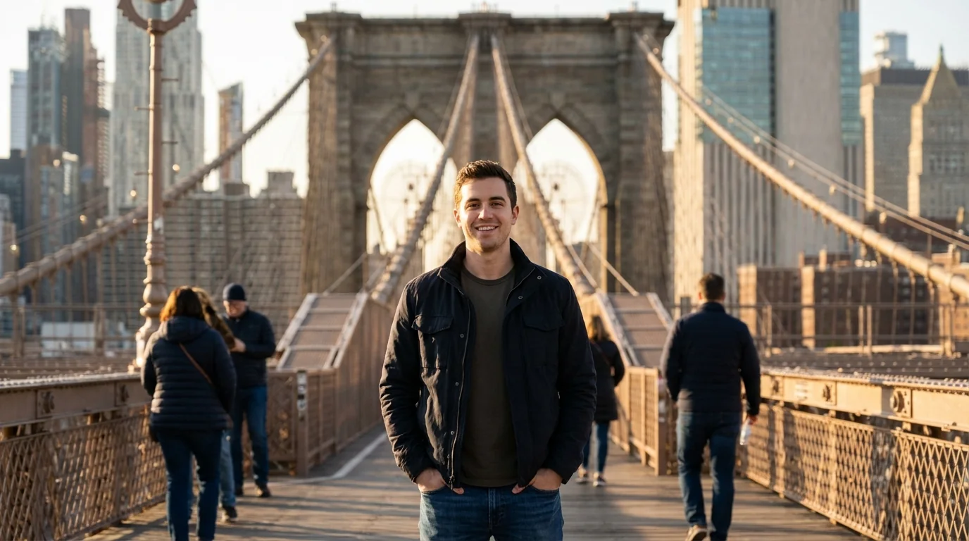 Man posing in front of recognizable city landmark for location-specific dating profile photo