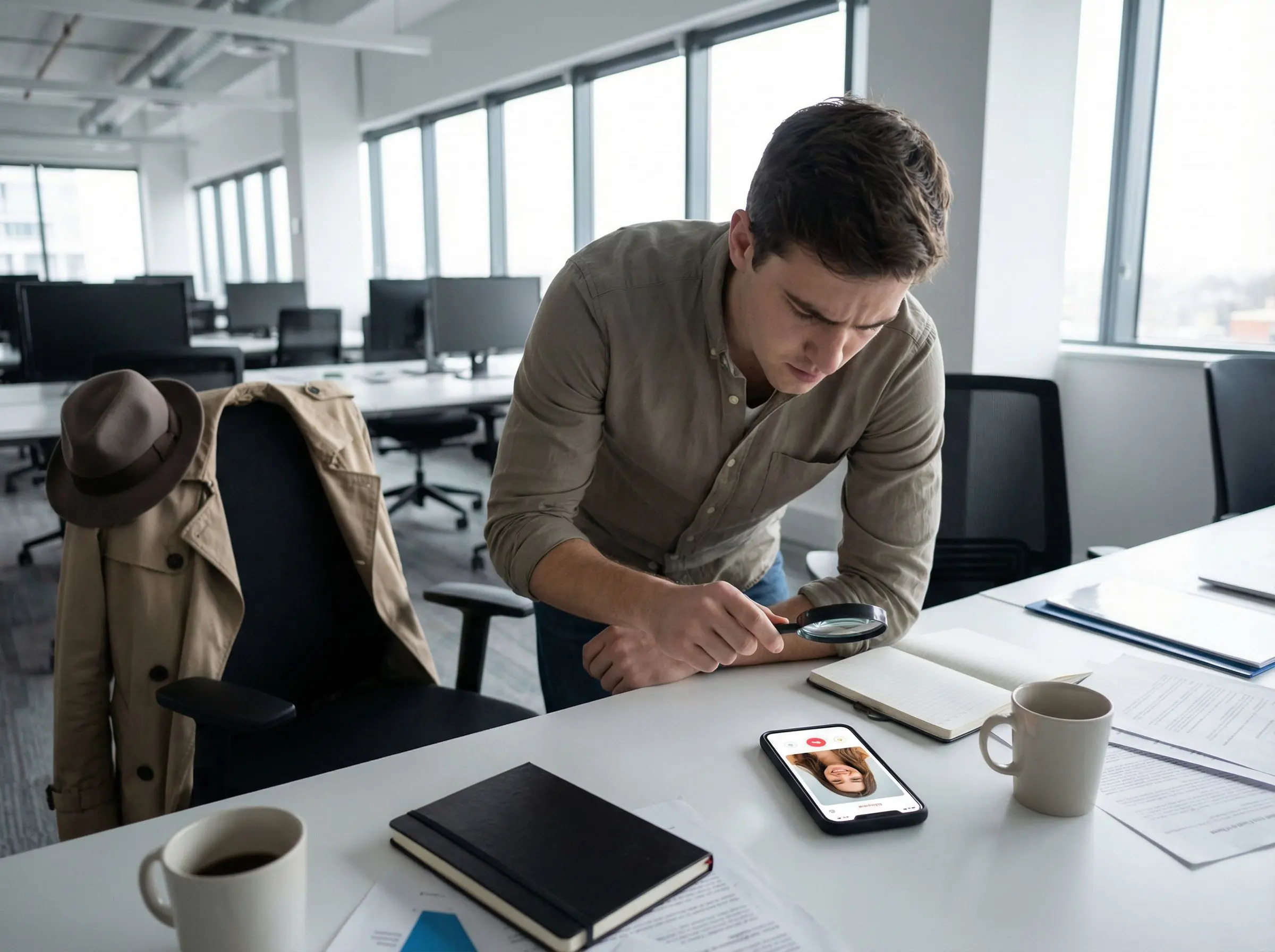 Man using smartphone to analyze dating photo authenticity with detection tools