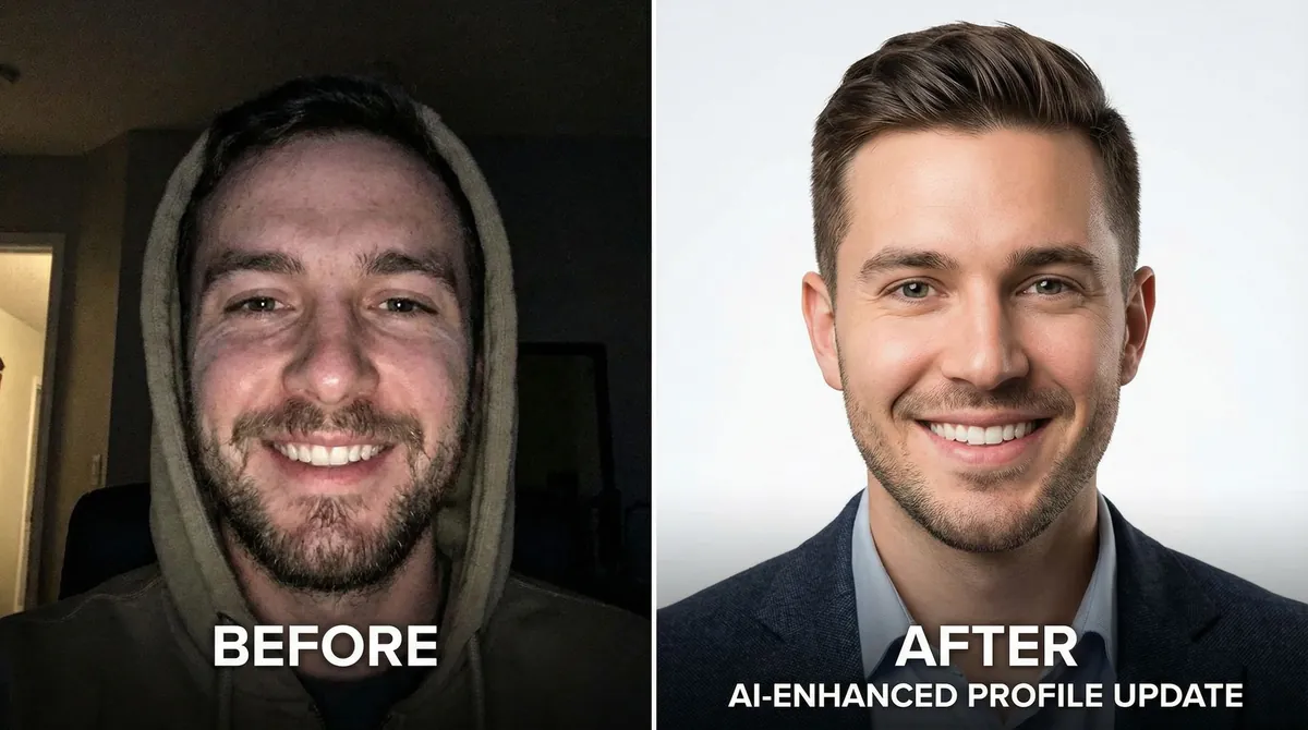 Transformation from casual selfie to professional AI-enhanced dating photo showing quality improvement
