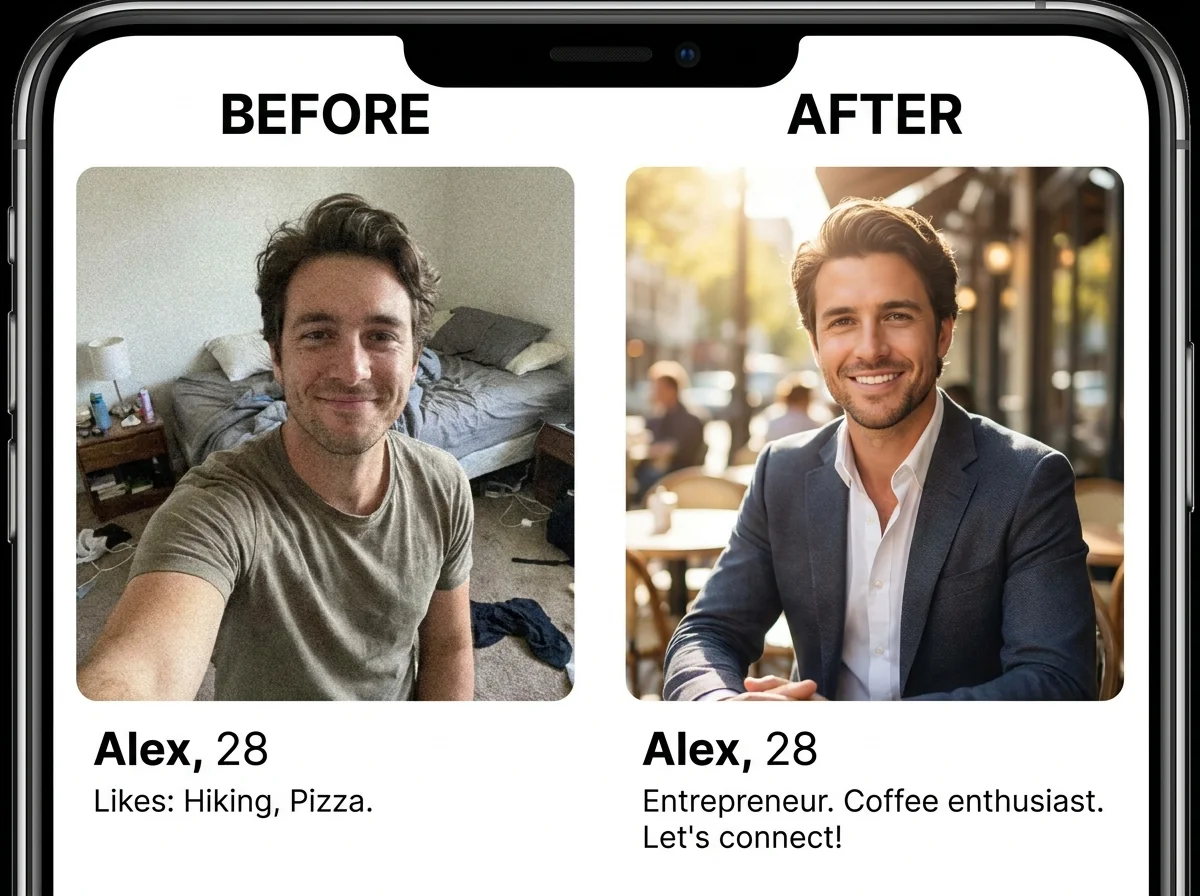 Before and after comparison showing casual selfie transformed into professional AI dating profile photo for dating apps