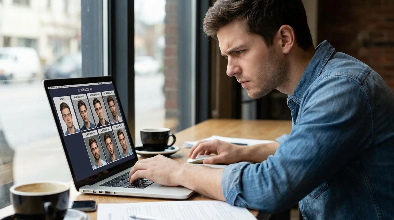 Man comparing AI profile photo generator results on laptop screen to choose the best dating app photos