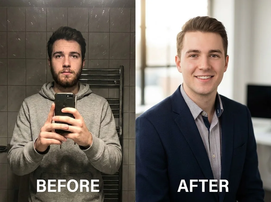 Side-by-side comparison of a man's distorted bathroom selfie versus an optimized AI-generated dating profile photo