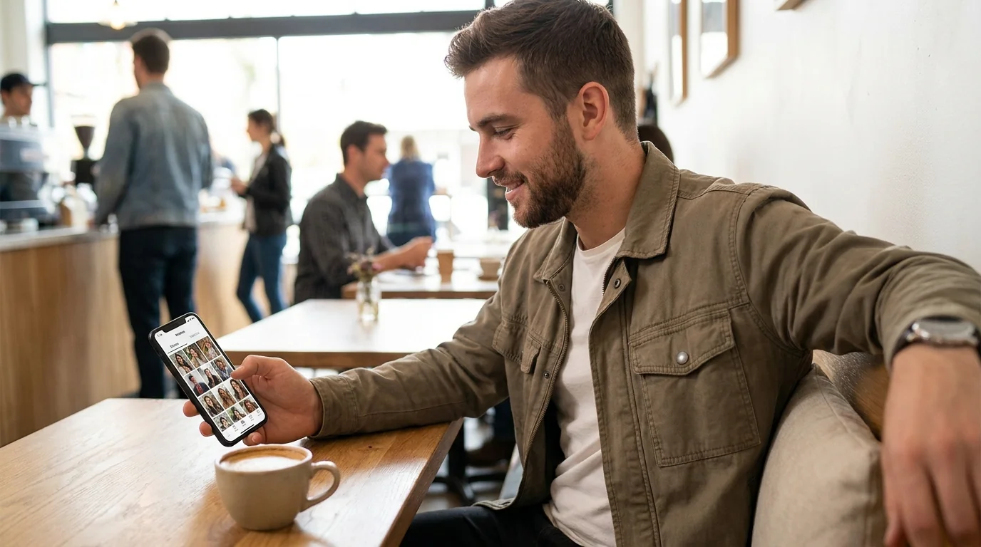 Man reviewing and selecting authentic-looking AI dating photos on his smartphone in a coffee shop setting