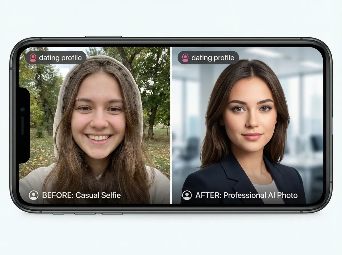 Before and after comparison showing transformation from selfie to AI-optimized dating photo