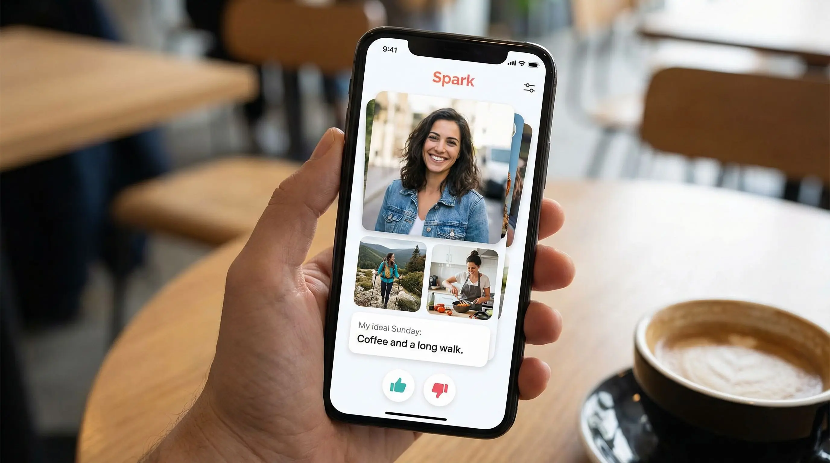 Dating app profile showing optimal mix of AI-generated and real photos for maximum matches