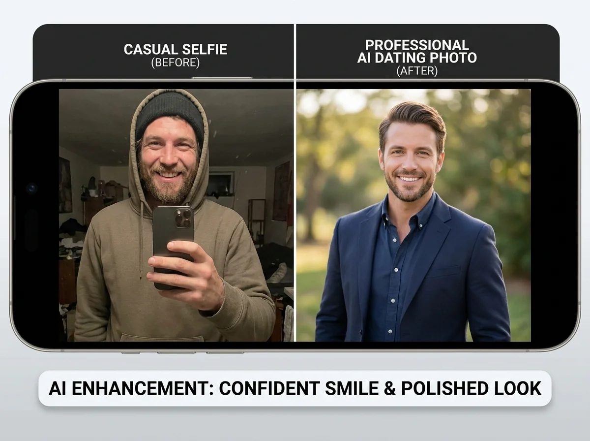 Before and after comparison showing casual male selfie transformed into professional AI dating photo using DatePhotos.AI