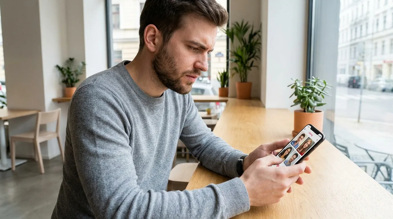 Man comparing AI dating photo generator results on smartphone to choose the best tool for his dating profile in 2026