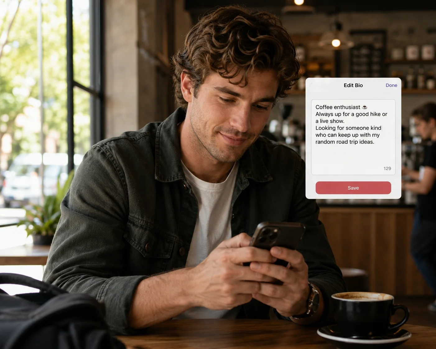 Man editing his Bumble bio examples on a phone in a coffee shop to attract quality matches