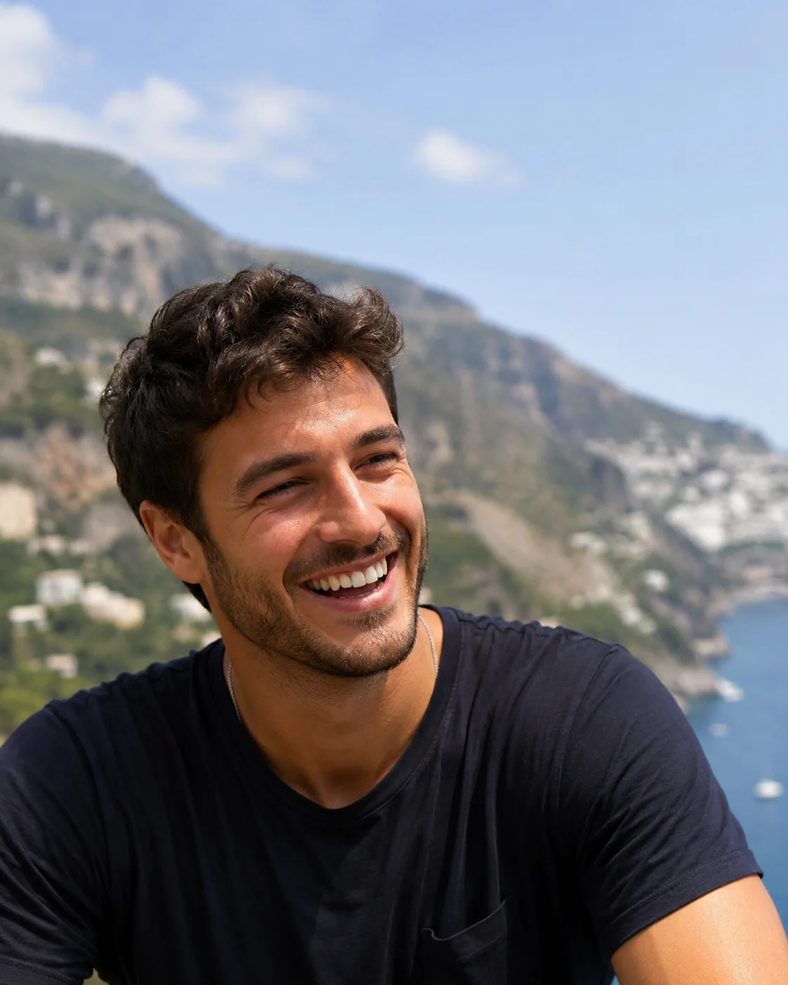 Relaxed man laughing outdoors in a natural dating profile photo that matches a confident bio