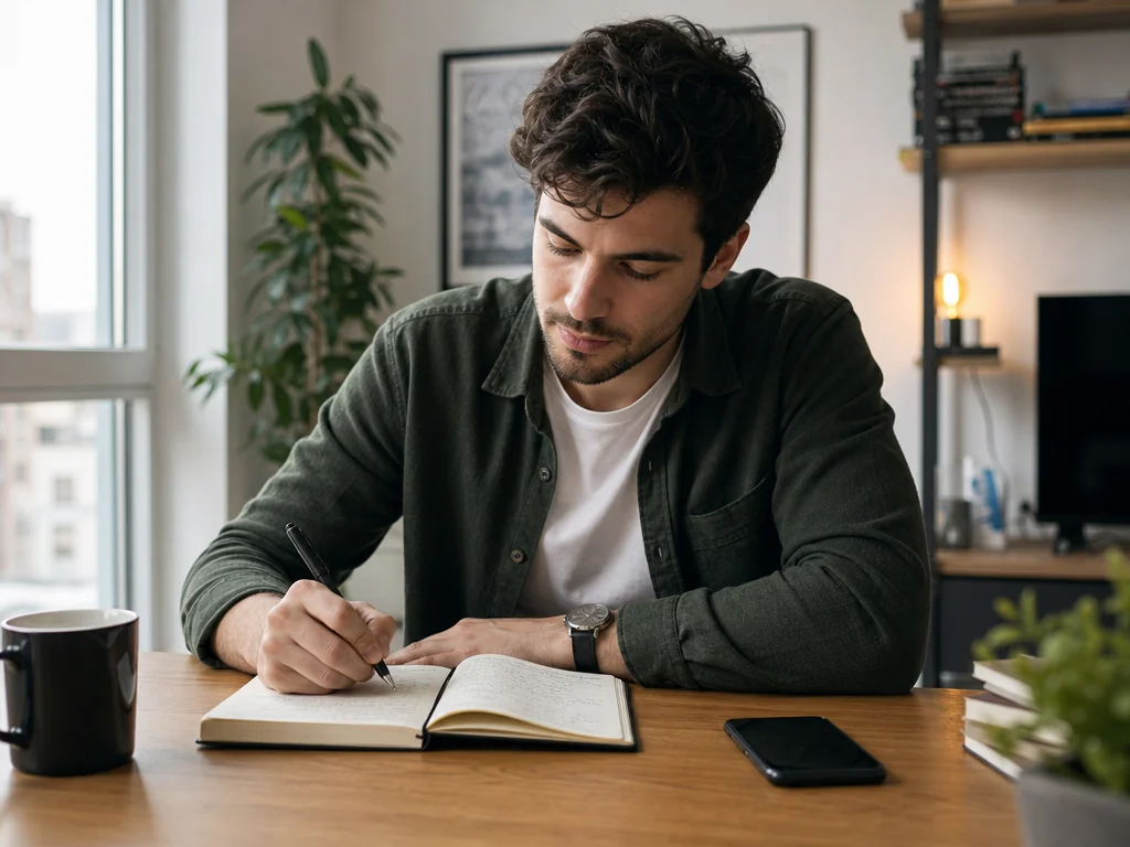 Man drafting funny and specific Hinge prompt answers at a desk with natural lighting and a notebook