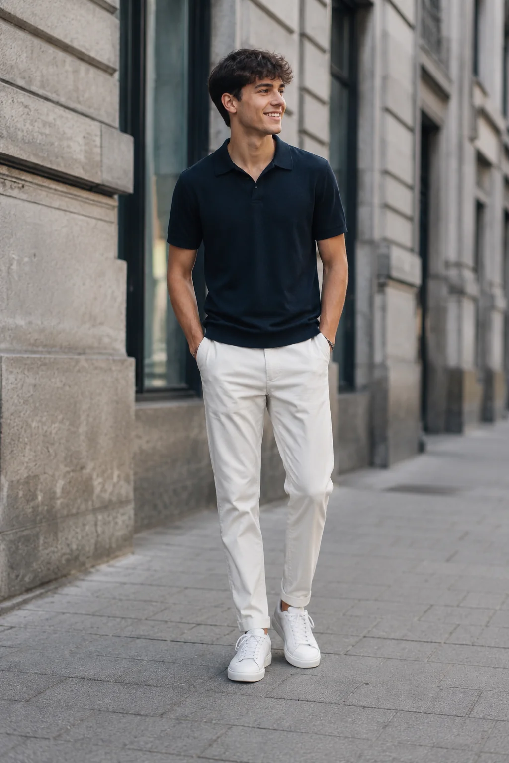 Full-body photo of a man in a casual outfit, the trust-building shot that belongs early in a Tinder lineup