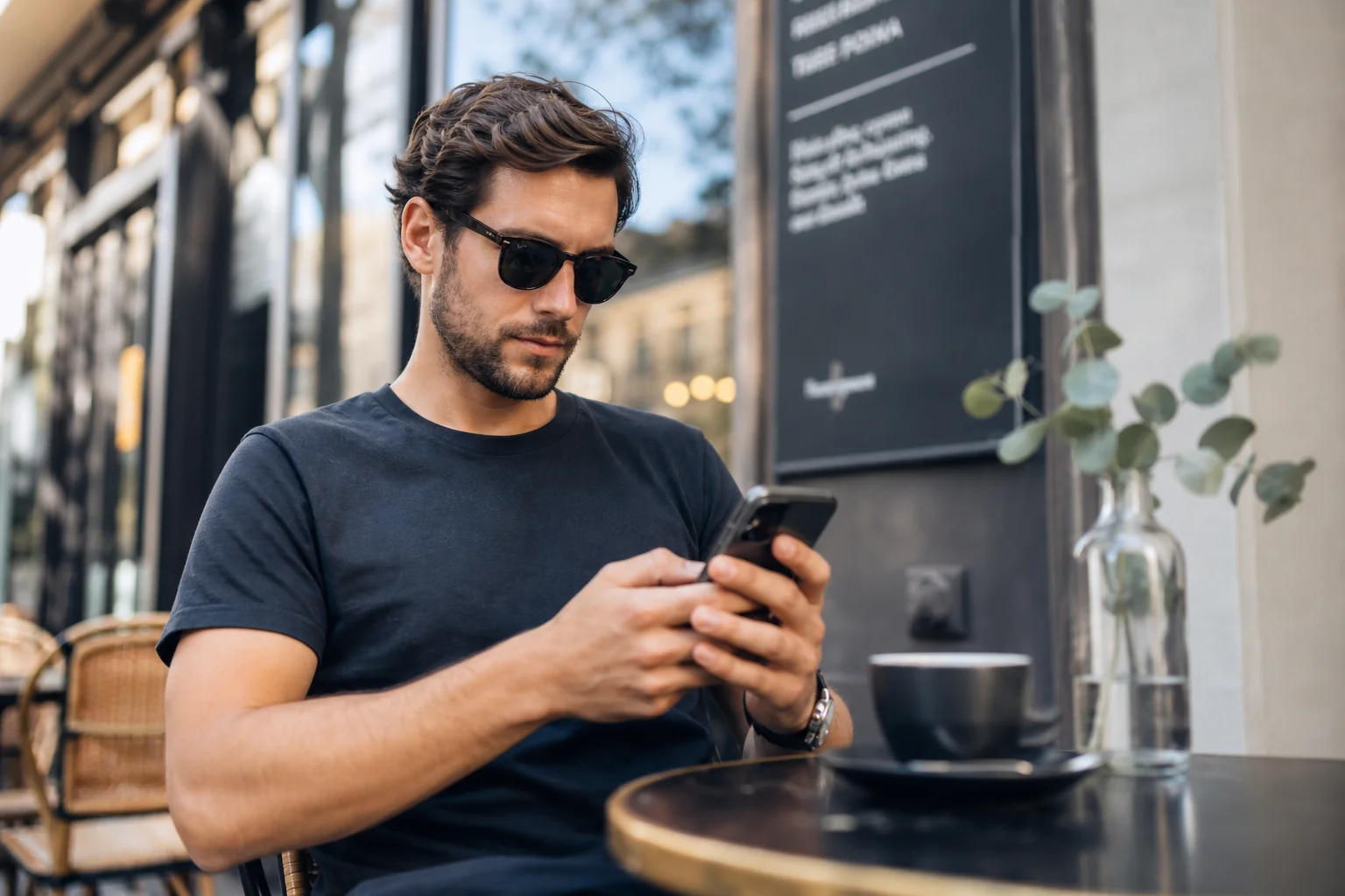 Man casually editing his Tinder bio examples on his phone at an outdoor cafe table