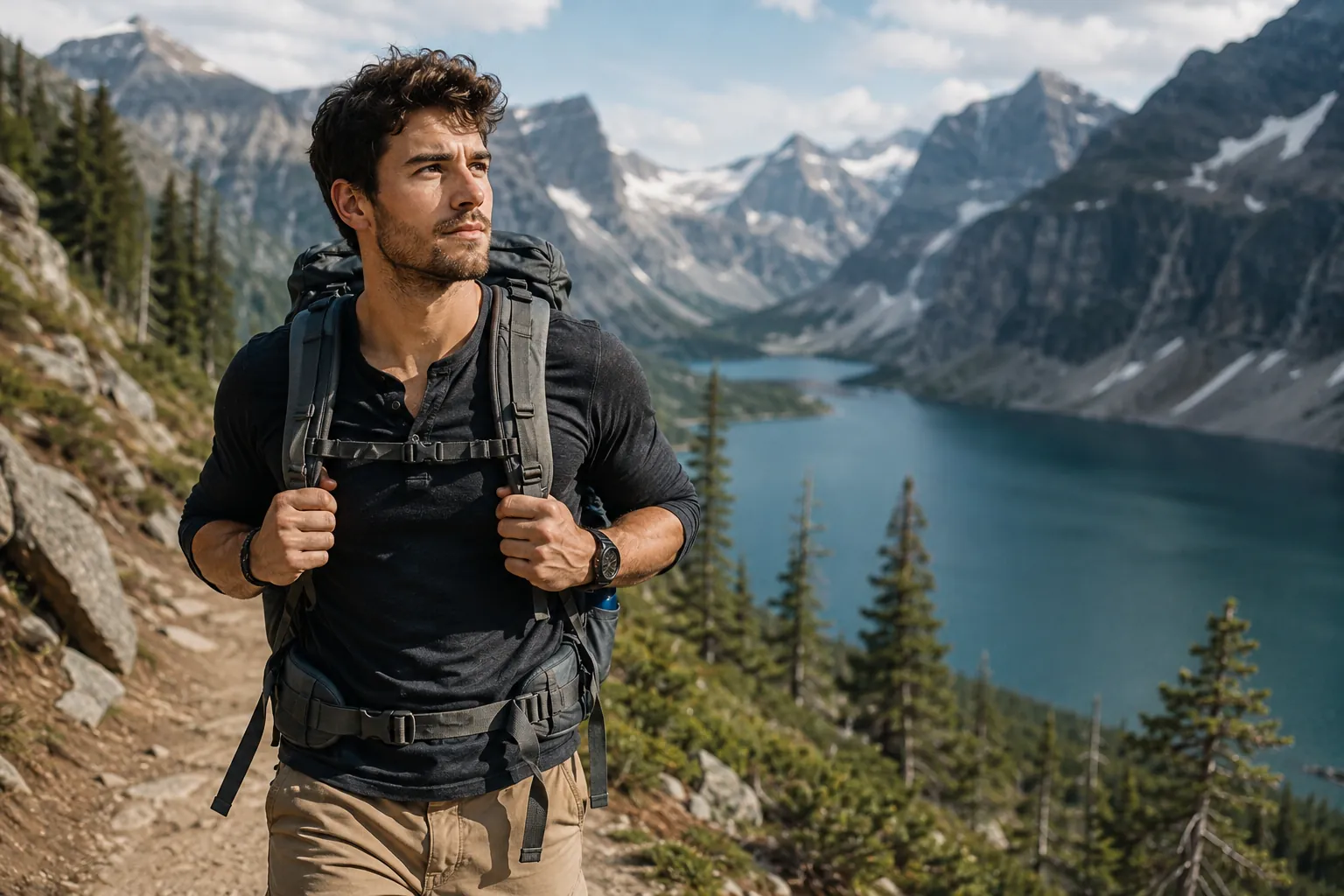 Adventurous man hiking on a mountain trail showing the lifestyle-focused dating profile style
