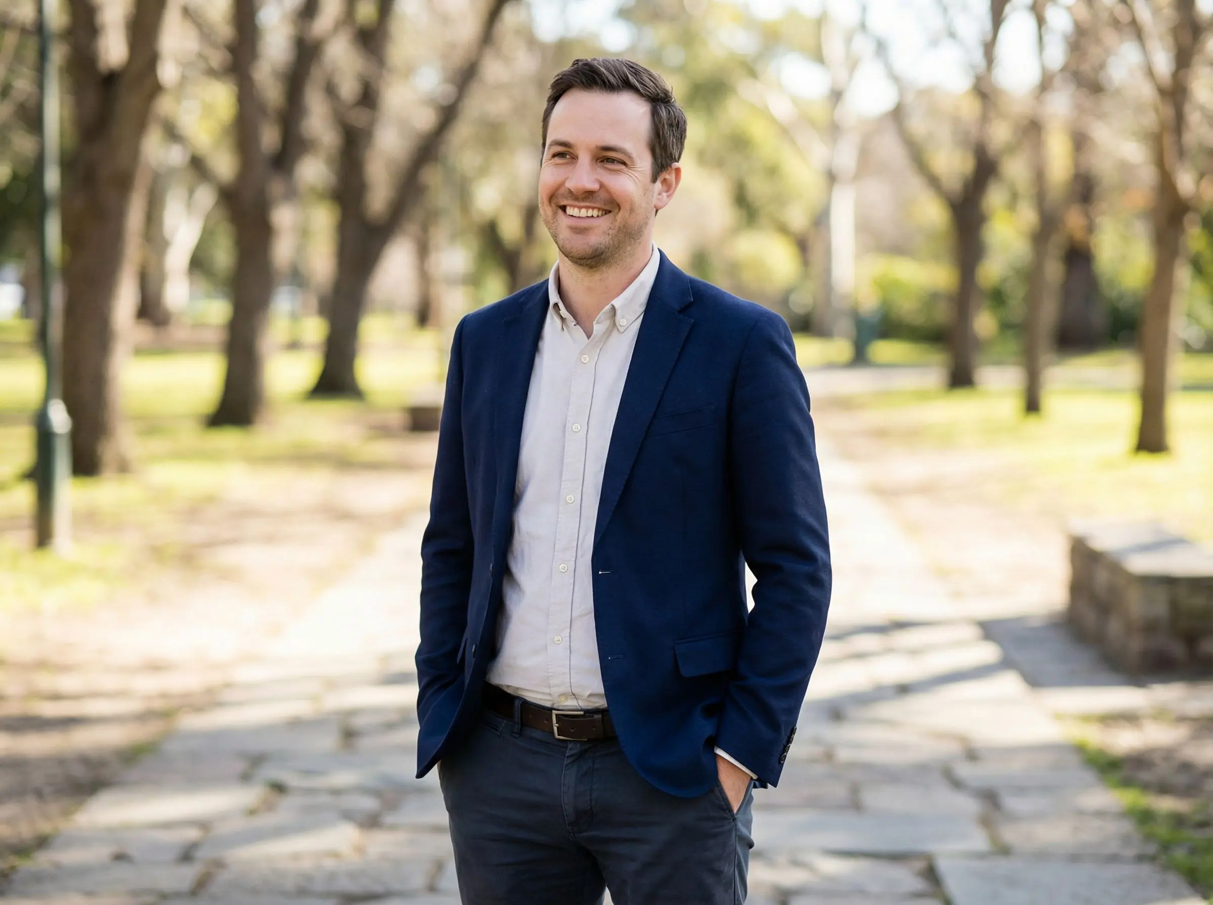 High-quality AI-generated Tinder photo showing well-dressed man with natural expression and professional lighting