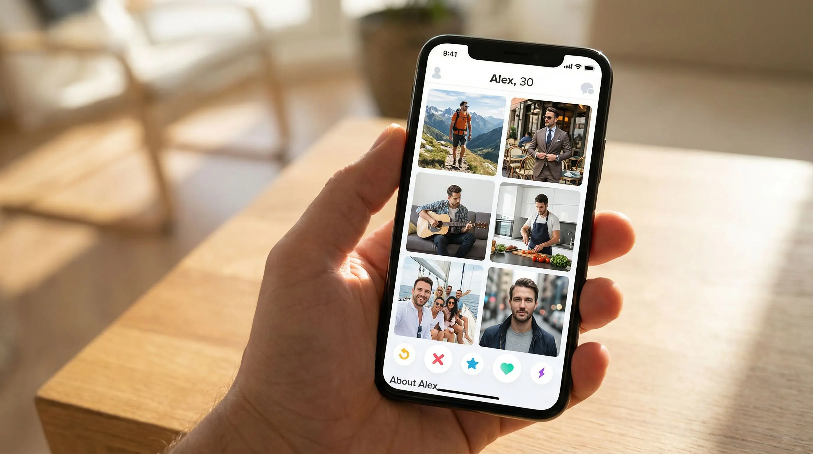 Optimized Tinder profile for men displaying the 70-30 hybrid photo strategy with AI and professional shots