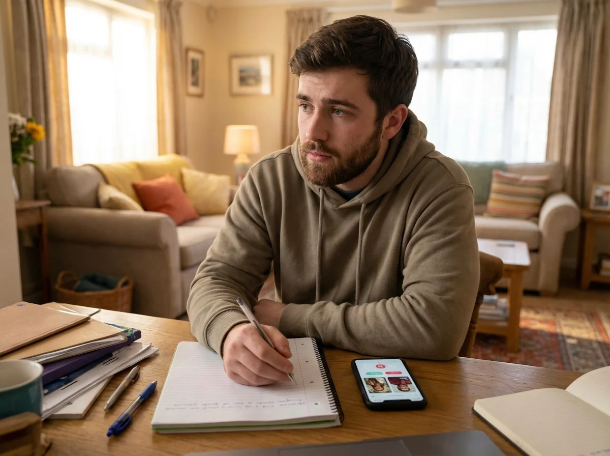 Man thoughtfully writing and refining his dating profile bio to avoid common red flag phrases and defensive language