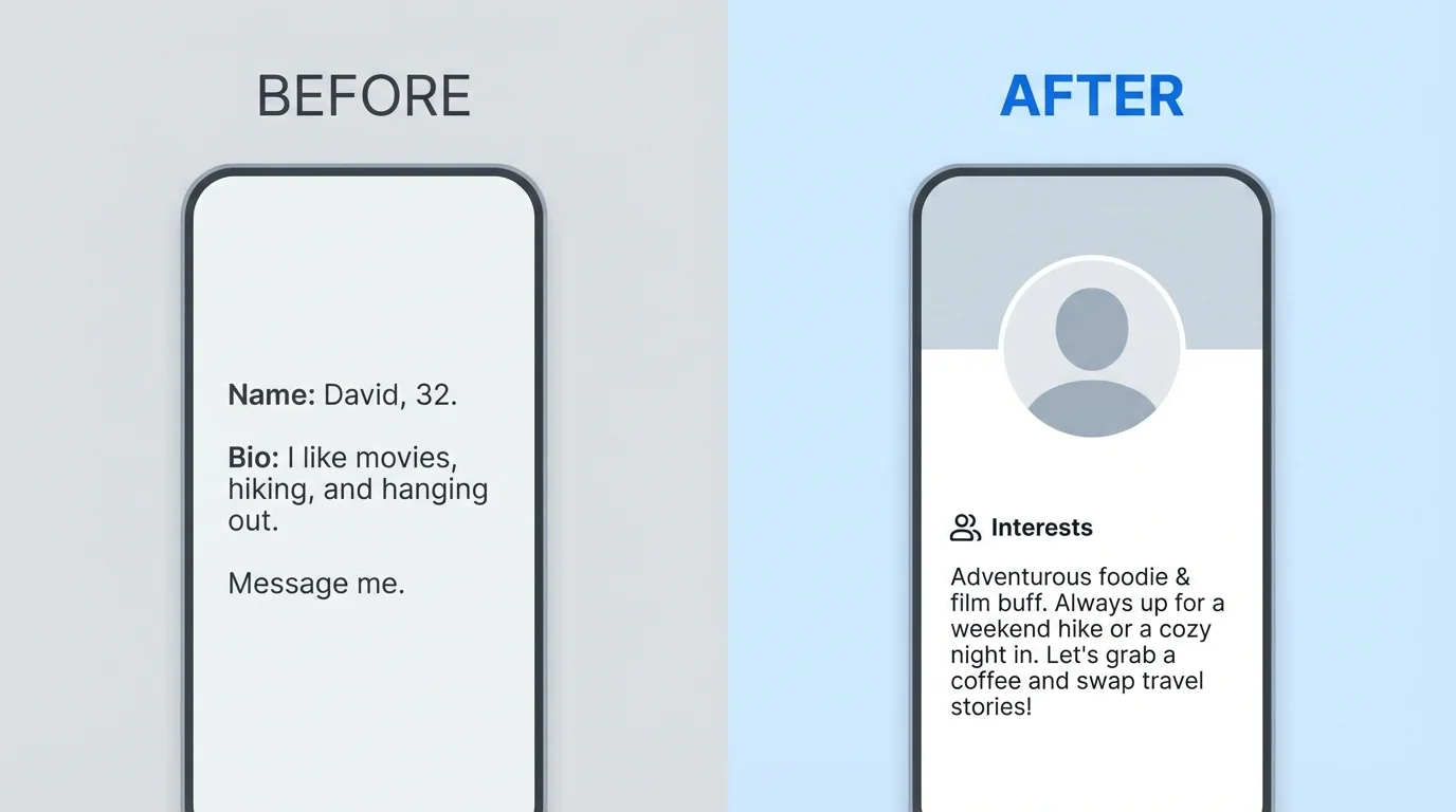 Side-by-side comparison of a generic dating bio versus a bio with strong conversation hooks that get more matches