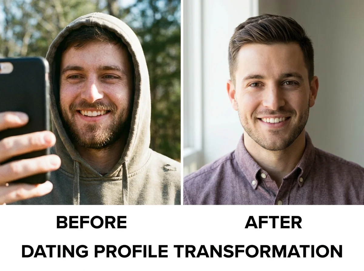 Side-by-side comparison of casual selfie versus professional AI-generated dating photo showing quality difference for Bumble profiles