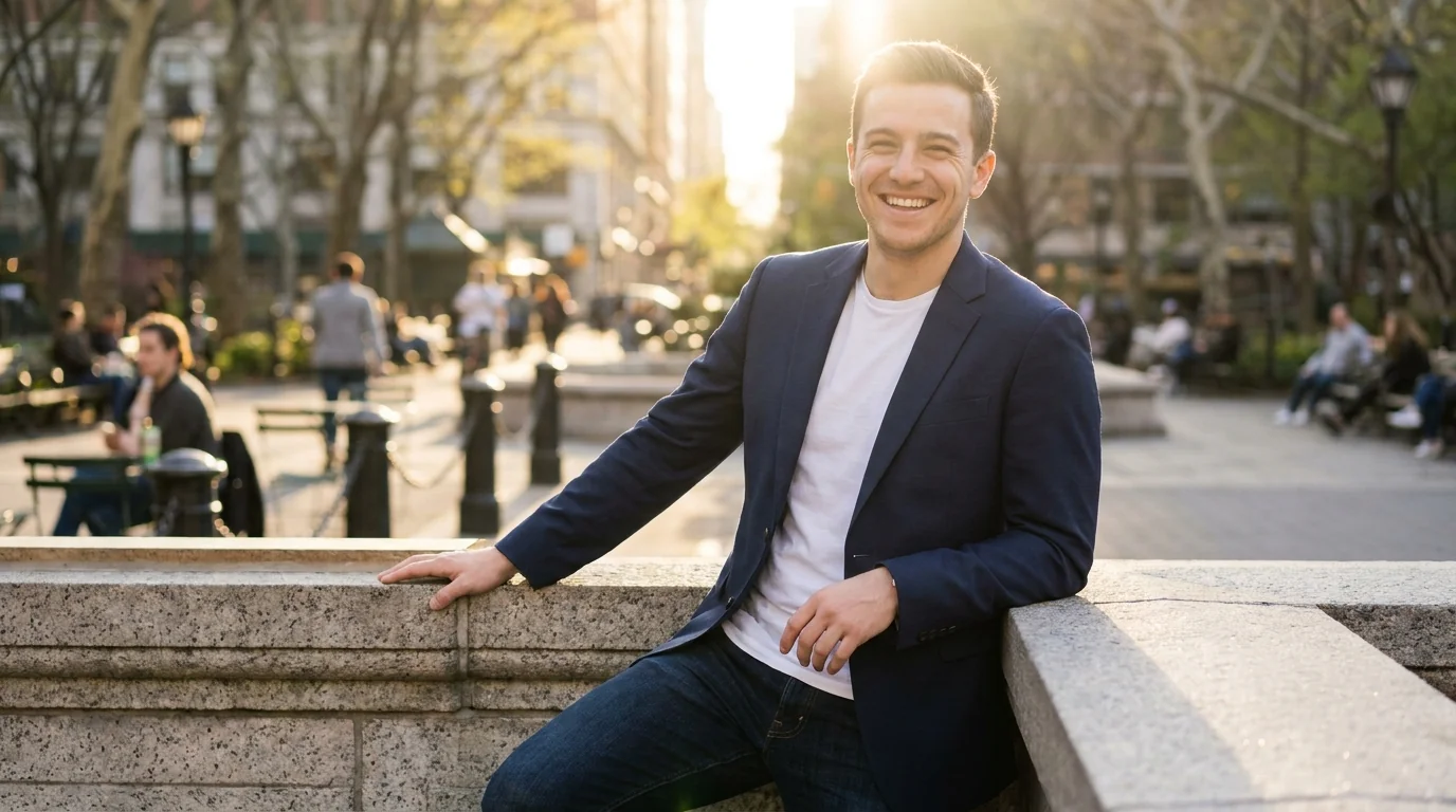 Young man with confident smile in outdoor lifestyle photo, representing the type of high-quality AI-generated Bumble profile photo that gets more matches