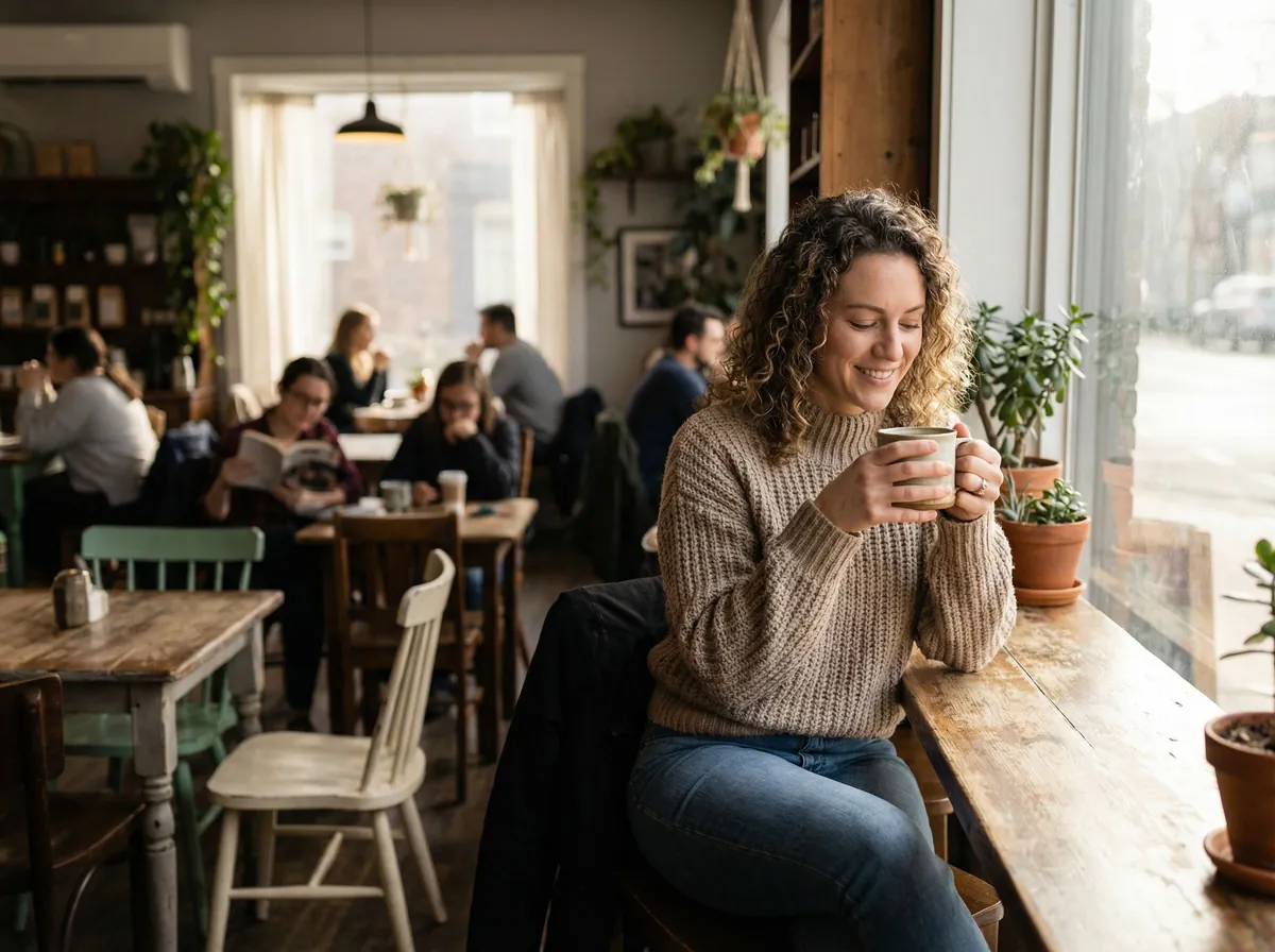 Example of AI-generated lifestyle photo in coffee shop setting optimized for Bumble dating profiles