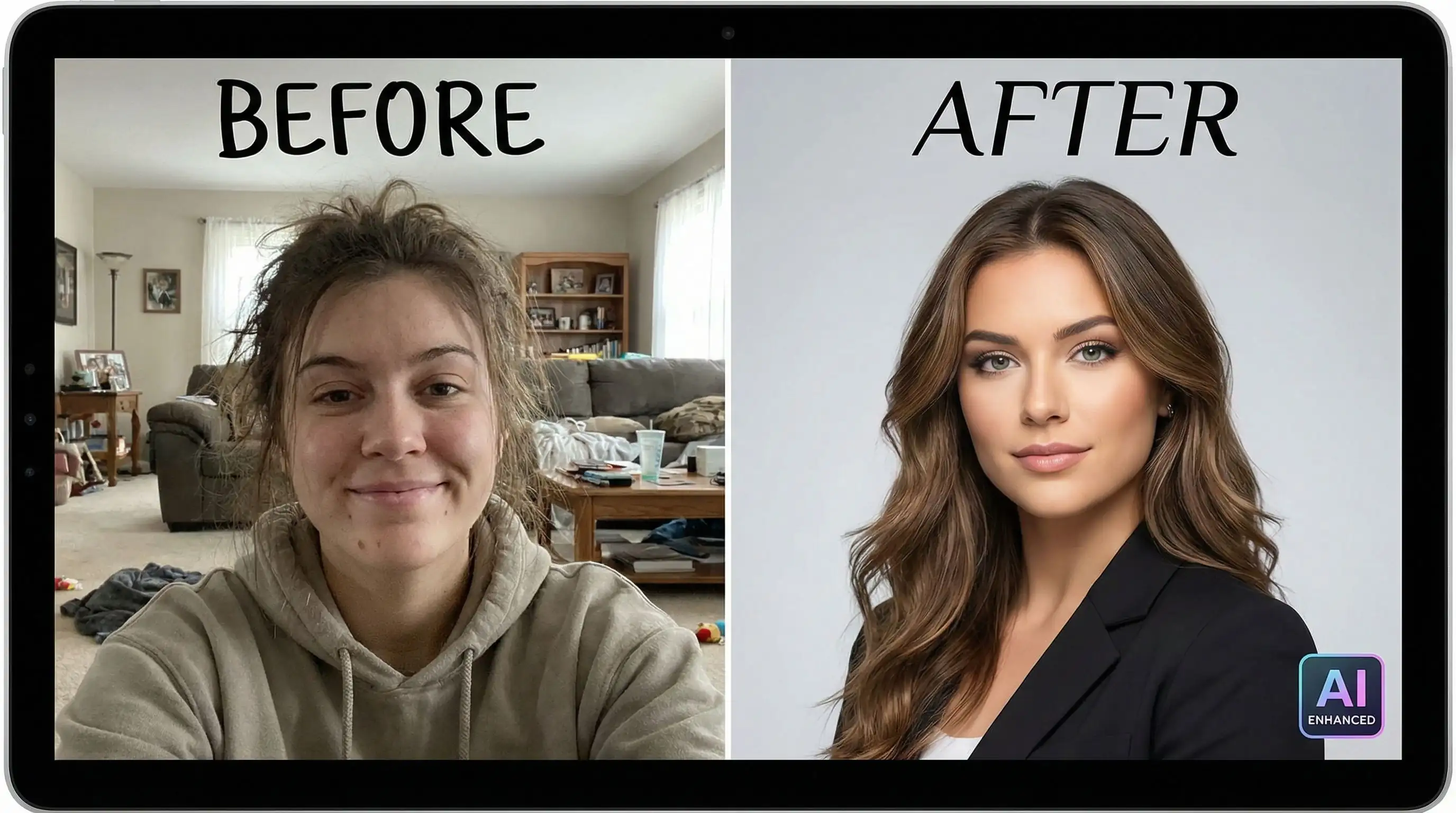 Before and after transformation showing casual selfie versus AI-enhanced professional Bumble dating photo